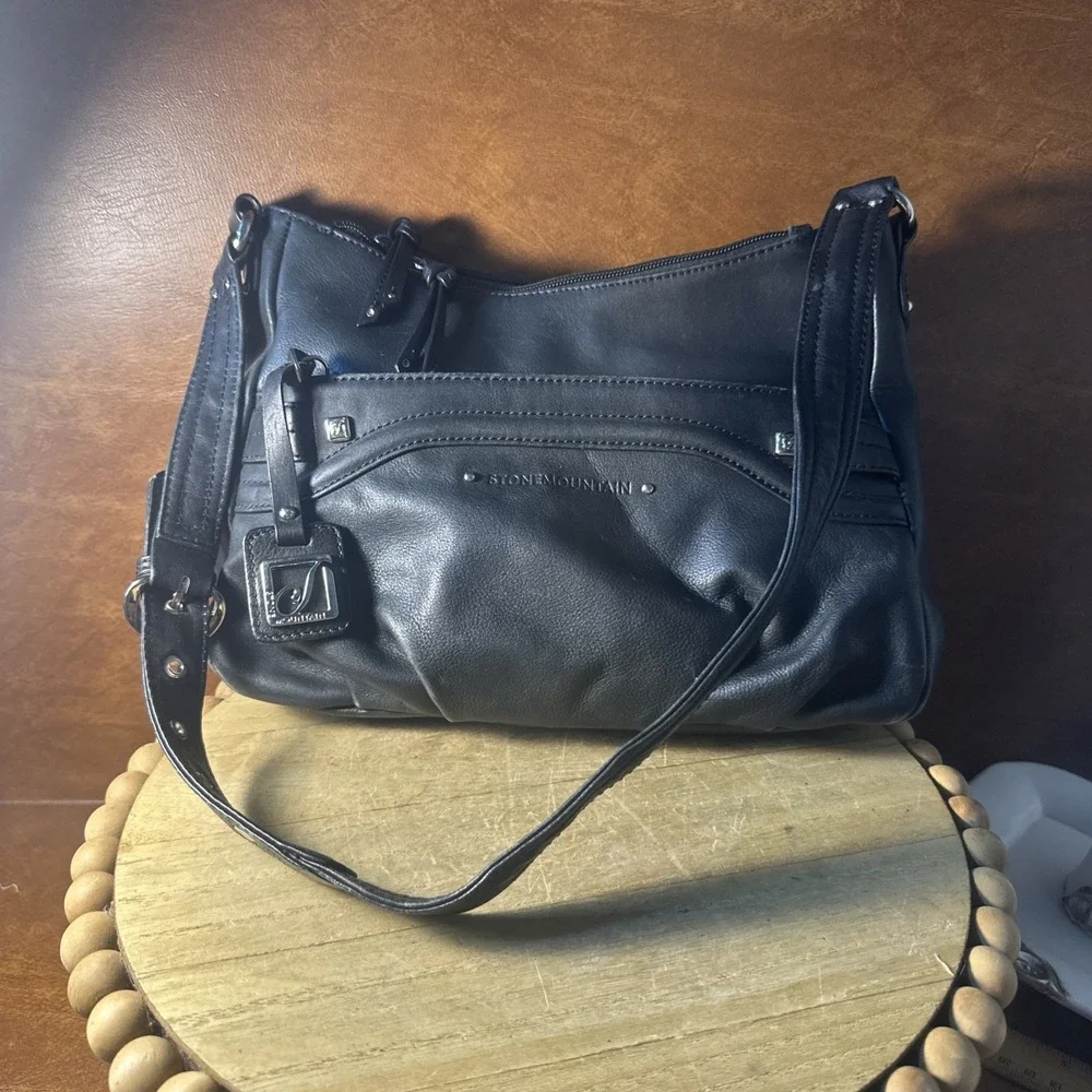 Stone Mountain Genuine Pebbled Leather Shoulder Bag Handbag Purse Black